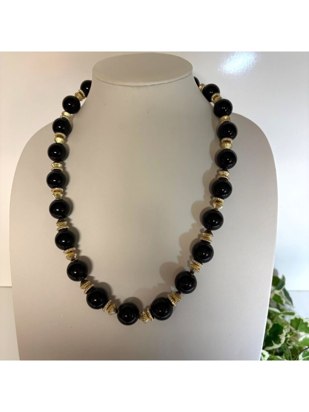Black Gold Bead Necklace Chunky Statement Glam Classic Costume Jewelry 25 inch